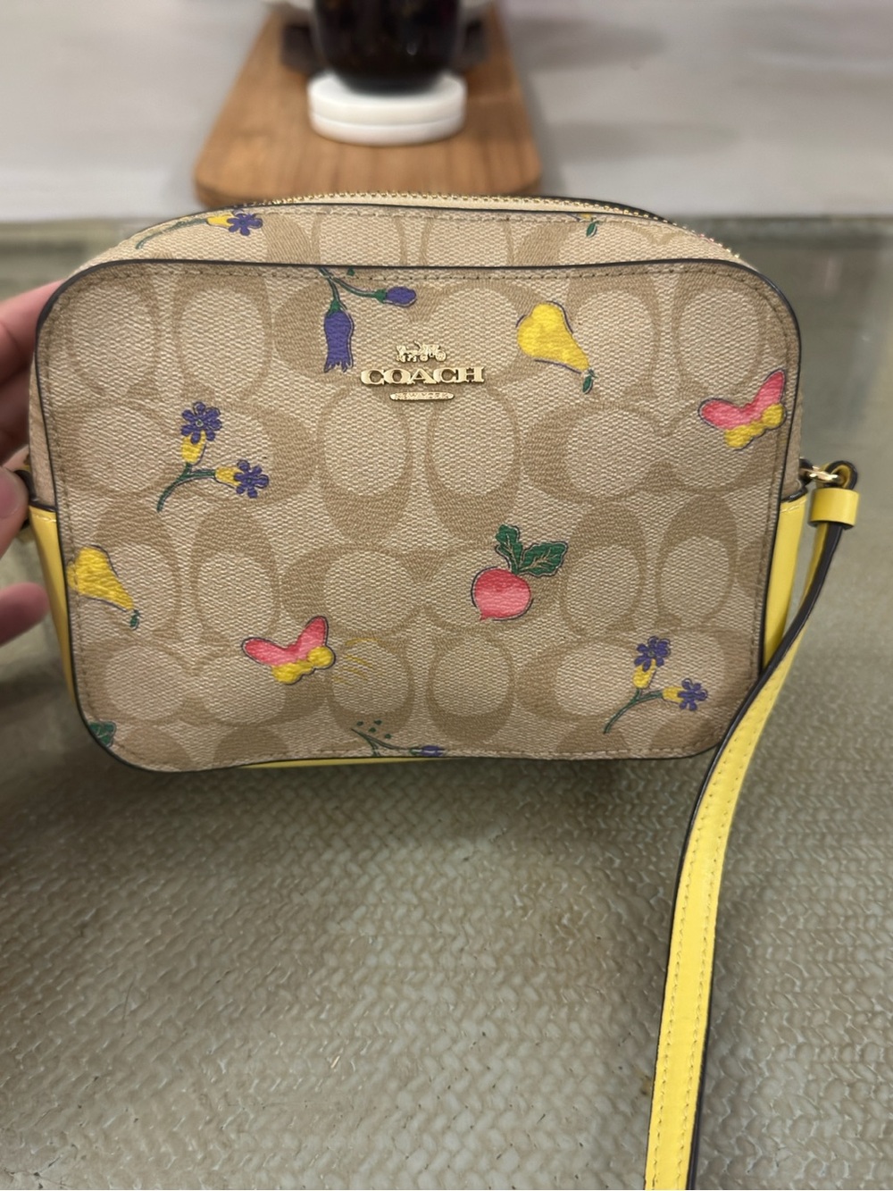 Coach Floral & Fruit Signature Crossbody Bag in Beige and Yellow